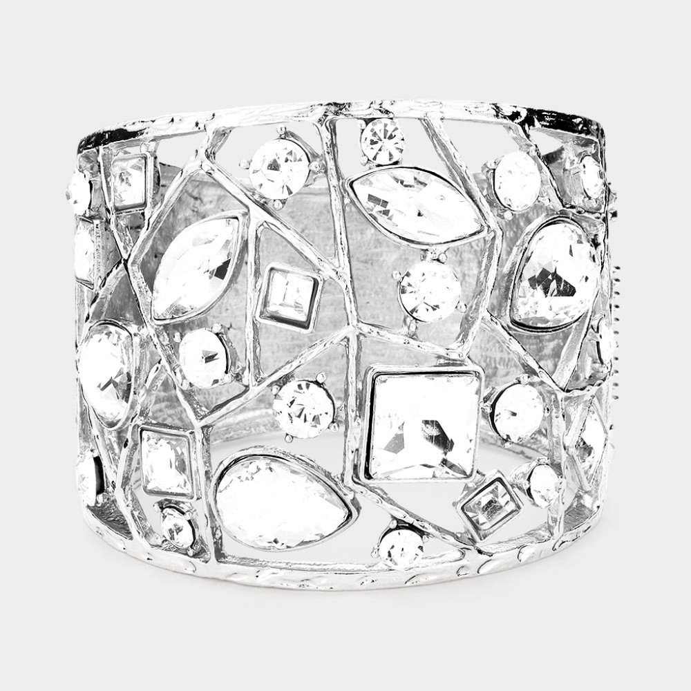 Silver Wide Crystal Metal Multi Stone Hinged Style Chunky Cuff Bracelet